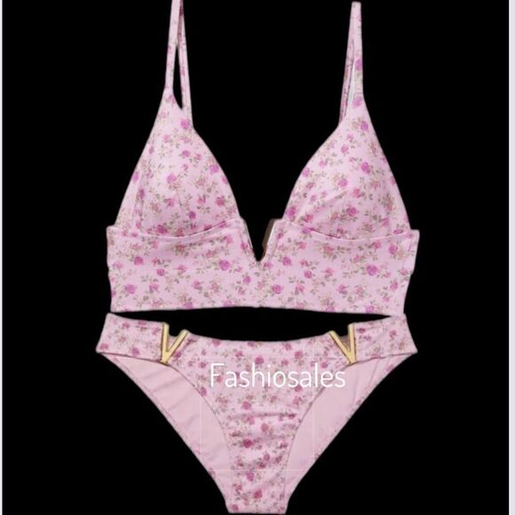 Victorias Secret Swim V-Hardware Padded Bikini Top & bottom Set Ditsy pink L - Picture 3 of 10
